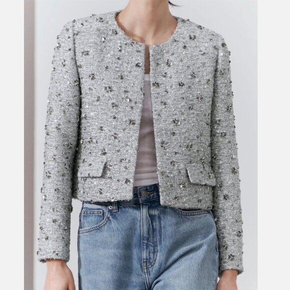 Zara ZW Collection Sequin Jacket Silver L NEW SS24 2885/152 - Picture 1 of 12